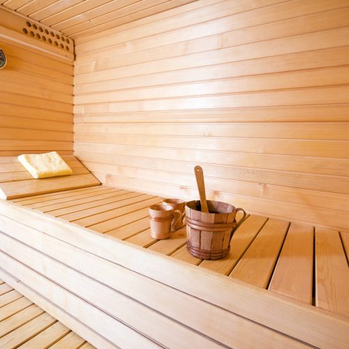 wooden interior of sauna wide angle shoot